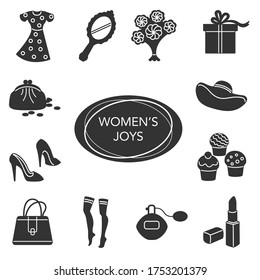 Woman accessories icons set of gloves shoes hats jewelry. Fashion Icons. Set of fashion accessories. Women items and things. Banner, poster, gift card design concept template. Vector illustration