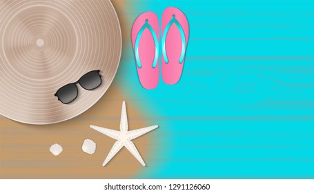 Woman accessories on table top in summer concept., Relaxation leisure activities on the beach with straw sun hat, sunglasses, flip flops, starfish, and shell., Season of holiday and vacation concept.