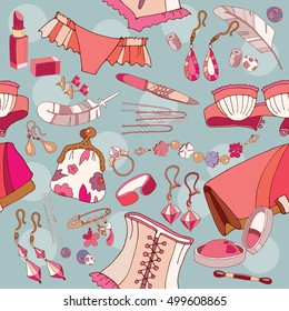 Woman accessories seamless pattern, woman fashion pattern, underwear, cosmetics, jewelry, fashion background 