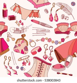 Woman accessories seamless pattern, underwear, cosmetics, jewelry, fashion background 