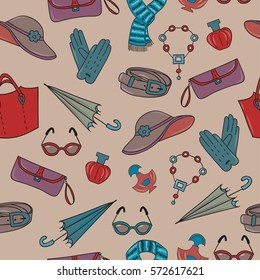 Woman accessories vector seamless pattern. Fashion background.