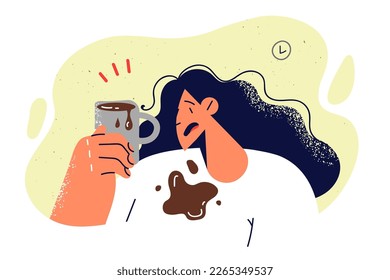 Woman accidentally spilled coffee from mug on T-shirt during breakfast or work break and needs change of clothes. Sloppy girl holds mug filled with lemonade or hot drink spilled over edge