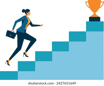 A Woman accomplishment, stride toward professional achievement, drive to advance along a career path, growth, ascent up a staircase to a goal, ambition concept business woman sprints quickly 