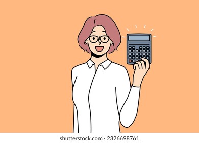 Woman accountant with calculator for calculating tax on company profits. Businesswoman or professional auditor recommends using calculator to avoid errors in corporation balance sheet.