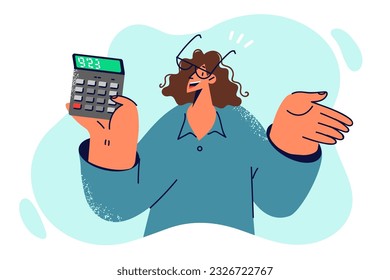 Woman accountant with calculator in hands smiles and demonstrates amount of potential income. Successful girl with calculator offers to earn money by showing figures of income after training course