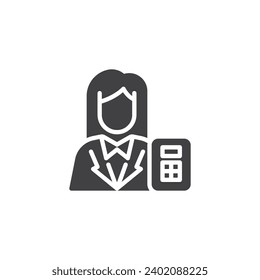 Woman accountant and calculator vector icon. filled flat sign for mobile concept and web design. Accountant avatar glyph icon. Symbol, logo illustration. Vector graphics