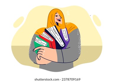 Woman accountant in muslim headscarf holds folders with legal or tax documents and smiles looking at screen. Muslim student girl with textbooks to prepare for exams and get education in college