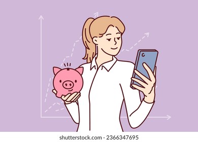 Woman accountant with piggy bank and phone is standing near financial chart calling to start investing. Girl accountant conducts audit of savings and monitors amount of dividends through smartphone