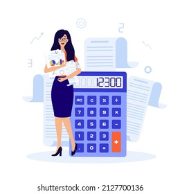 Woman accountant staying near a calculator, keeping documents, report and paycheck. 