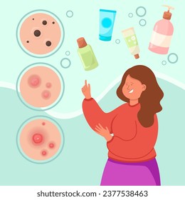 Woman with ache choosing effective cosmetic products vector illustration. Cleanser, gel, cream. Acne treatment concept