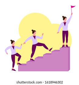 A woman achieves a goal.A business woman walks up the ladder to achieve the goal and gets the flag.Vector flat illustration