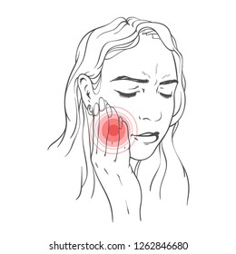 Woman with aching place, toothache, pain, vector line art illustration, sketch of beautiful woman face