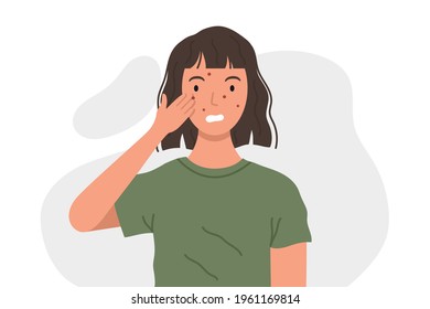 Woman with acne or allergy pimples touches her face. Young girl with skin problems. Skincare and dermatology concept.  Flat style vector illustration.