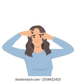 Woman with acne or allergy pimples touches her face. Flat vector illustration isolated on white background