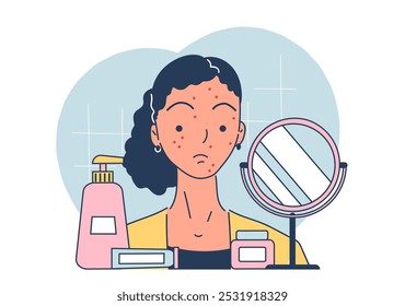 Mujer con acné. Chica joven con puntos rojos en la cara cerca de cremas y lociones, espejo. Procedimientos de cuidado de la piel y tratamiento de belleza. Ilustración vectorial lineal aislada sobre fondo blanco