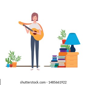woman with acoustic guitar on white background
