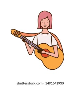 woman with acoustic guitar on white background