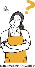 A woman acting as a housekeeper who thinks with her arms crossed