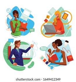 Woman In Action For Business Presentation Character Vector Illustration Set