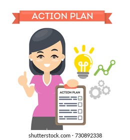 Woman with action plan on board with lightbulb and gears. Concept of time management and strategy.