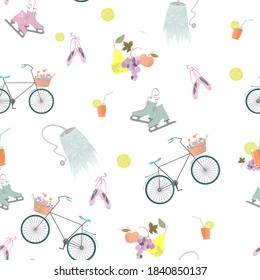 Woman active life accessories set. Seamless Vector illustration with walking bike, figure skating skates, ballet slippers, shower, juice, fruits isolated on white background