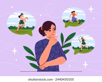 Woman with active recreation. Young girl think about fitness and workout. Voleyball, tennis and sprint or marathon. Healthy lifestyle. Cartoon flat vector illustration isolated on violet background