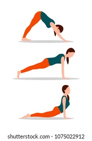 Woman and active way of living, push ups and pose of yoga, flexible lady vector illustration isolated on white background