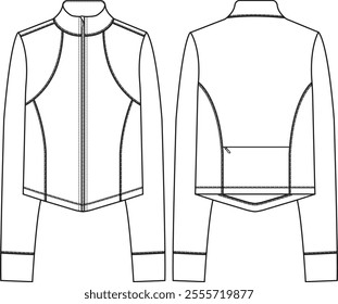 Woman active zip-up jacket, long sleeves with cuff, shoulder cut, princess seams, back zipper pocket, v shape hem at front, sketch front and back