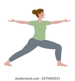 A woman is actively practicing the Warrior Yoga Pose in a beautifully illustrated scene,