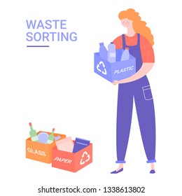 Woman activist cares about the environment. Sorts garbage for recycling: plastic, glass and paper. Vector character isolated on white background.
