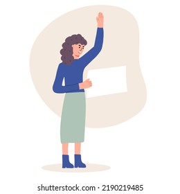 A woman activist holding a blank placard. Protest for human rights and social equality. Advertising template or ad. Participation in a peaceful demonstration. Vector flat.