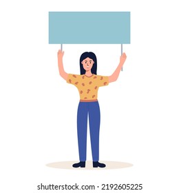 A woman activist holding a blank placard. Protest for human rights and social equality. Advertising template or ad. Participation in a peaceful demonstration. Vector flat.