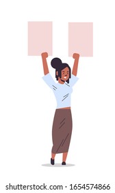 woman activist protesting holding blank placard feminist demonstration girl power movement rights protection women empowerment concept full length vertical vector illustration