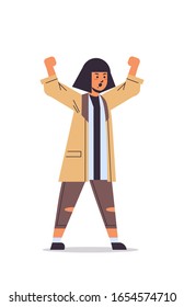 woman activist protesting raising hands feminist demonstration girl power movement rights protection women empowerment concept full length vertical vector illustration