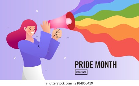 Woman activists holding a megaphone Speaker or Loudspeaker with lgbt rainbow during pride month celebration against violence. Lgbt greeting card. human rights violation. Equality, self-affirmarmation.