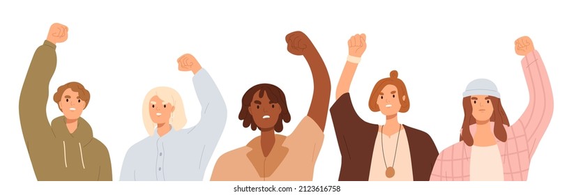 Woman activists at protest. Women at demonstration, fighting for freedom, equality, rights. Female strike. Protesters with raised fists, hands. Flat vector illustration isolated on white background