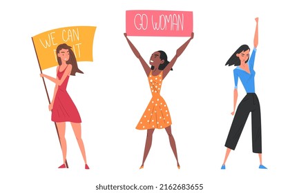 Woman activists statementing of their rights with placard and flag cartoon vector illustration