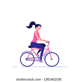 Woman activities concept. Outdoor fitness illustration. Young girl riding the bicycle at summer time. Sport women on cycle vector flat illustration isolated on white background.