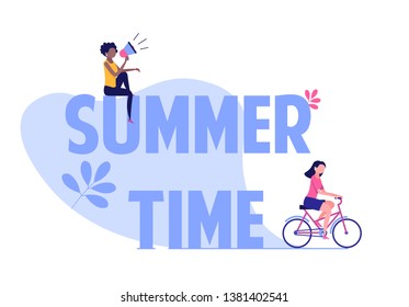 Woman activities concept. Outdoor fitness illustration. Young girl riding the bicycle at summer time. Sport women on cycle vector flat illustration isolated on white background.