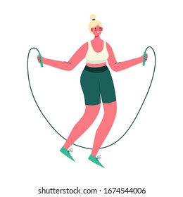 Woman activities. Girl jump with skipping rope cartoon flat vector illustration. Fitness exercise with jumping rope. Body workout, gymnastic training. Healthy Lifestyle