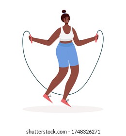 Woman Activities. Girl Jump With Skipping Rope Cartoon Flat Vector Illustration. Fitness Exercise With Jumping Rope. Body Workout, Gymnastic Training. Healthy Lifestyle