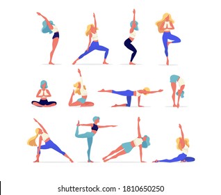 Actividades femeninas. Conjunto 2 de mujeres haciendo deportes, yoga, baile, correr, trotar, saltar, fitness. Mujeres deportivas vectoriales ilustraciones planas aisladas en fondo blanco en diferentes posiciones