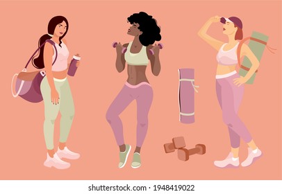 Woman Activities. Set Of Multicultural Young Adult Women Doing Sports, Running, Bodybuilding, Yoga, Fitness. Sport Women Trendy Cartoon Vector Flat Illustration For Gym Or Motivation For Sport.