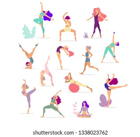 Woman activities. Set of women doing sports, yoga, dancing, running, jogging, jumping, fitness. Sport women vector flat illustration isolated on white background in different poses - Vector