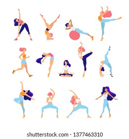 Woman activities. Set of women doing sports, yoga, dancing, running, jogging, jumping, fitness. Sport women vector flat illustration isolated on white background in different poses - Vector