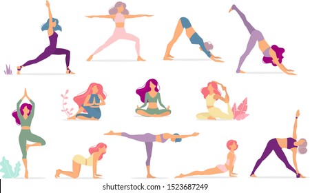 Woman activities. Set of women doing sports, yoga, dancing, pilates, jumping, fitness. Sport women vector modern flat illustration isolated on white background in different poses - Vector