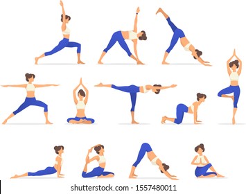 Woman activities. Set of women doing sports, yoga, dancing, pilates, jumping, fitness. Sport women vector modern flat illustration isolated on white background in different poses - Vector