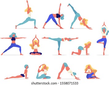 Woman activities. Set of women doing sports, yoga, dancing, pilates, jumping, fitness. Sport women vector modern flat illustration isolated on white background in different poses - Vector