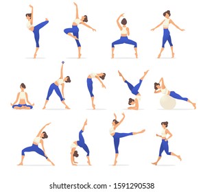 Woman activities. Set of women doing sports, yoga, dancing, pilates, jumping, fitness. Sport women vector modern flat illustration isolated on white background in different poses - Vector