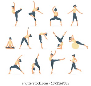 Woman activities. Set of women doing sports, yoga, dancing, running, jogging, jumping, fitness. Sport women vector flat illustration isolated on white background in different poses - Vector